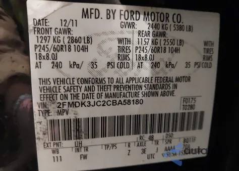 2012 Ford Edge Sel z USA, uszkodzony, nr VIN 2FMDK3JC2CBA58180